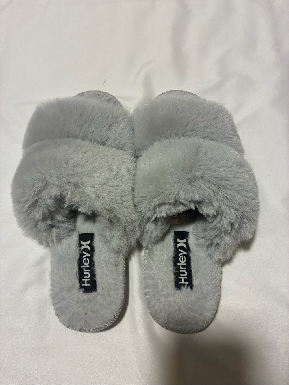 Hurley Women's Grey Plush Slide Slippers Fuzzy Soft Size 8